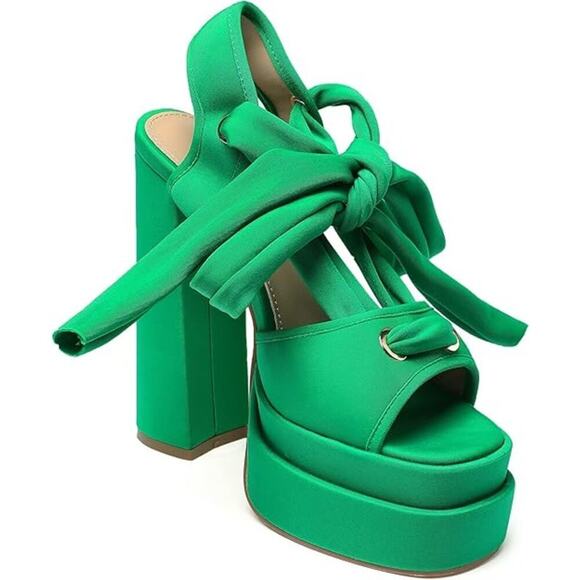 NWT Lace Up Platform Ankle Strap Heeled Sandals Satin Square Chunky Block Heel - Picture 3 of 6